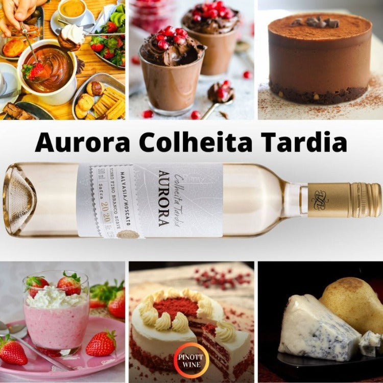 Vinho Aurora Colheita Tardia Branco - Pinott Wine - fondue de chocolate, Mousse, bolo de morango,  queiho gorgonzola -Vinho aurora branco suave